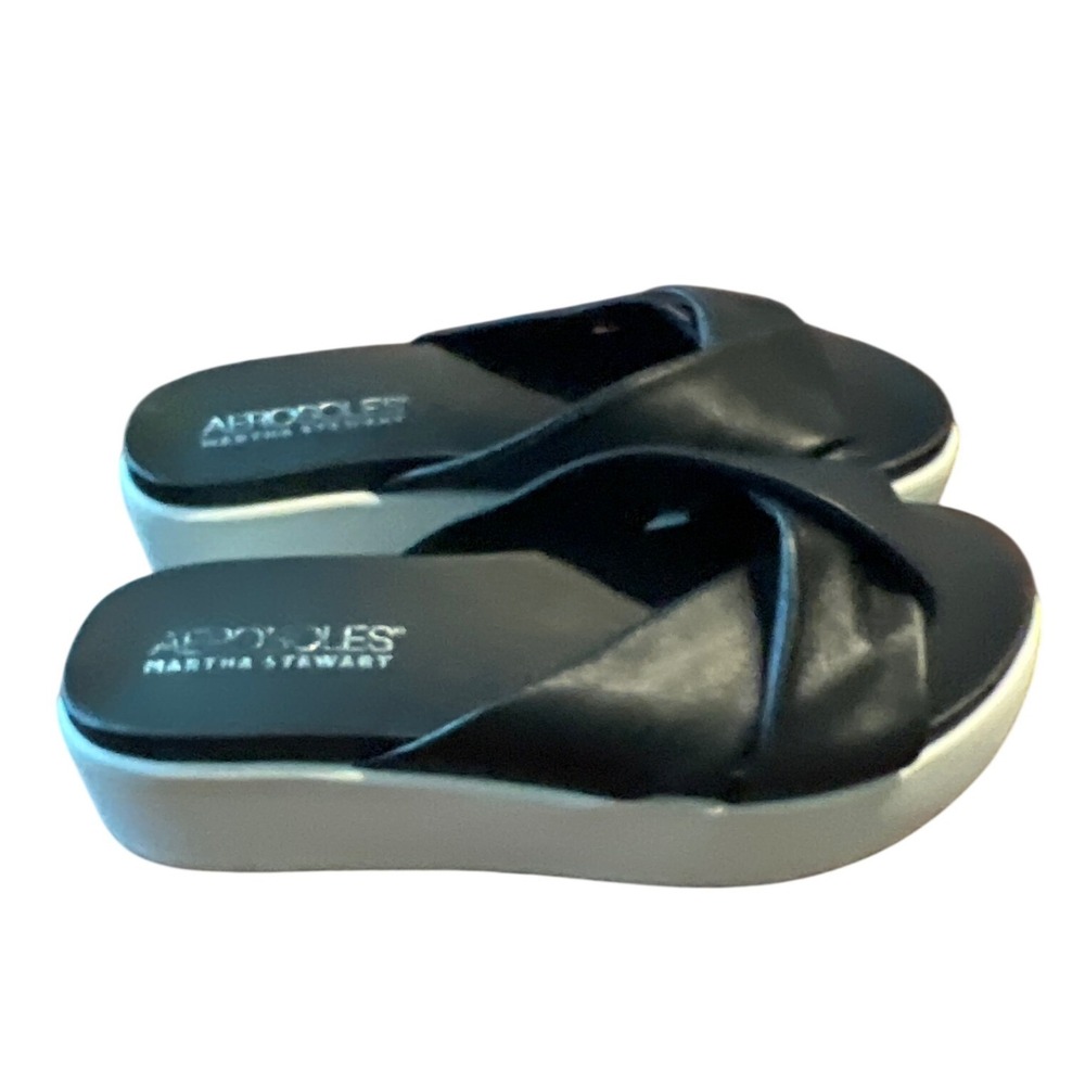 Aerosoles Martha Stewart Ceramic Black Leather Platform Slide Sandals Womens 6M